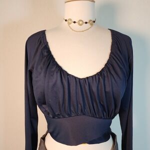 Navy Long Sleeve Top Smocked Back‎ Cross Front Cropped Blouse